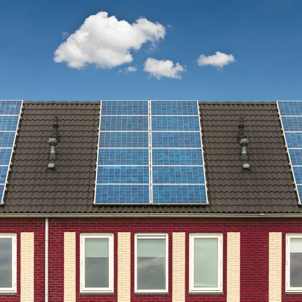Dutch row of new houses with solar panels